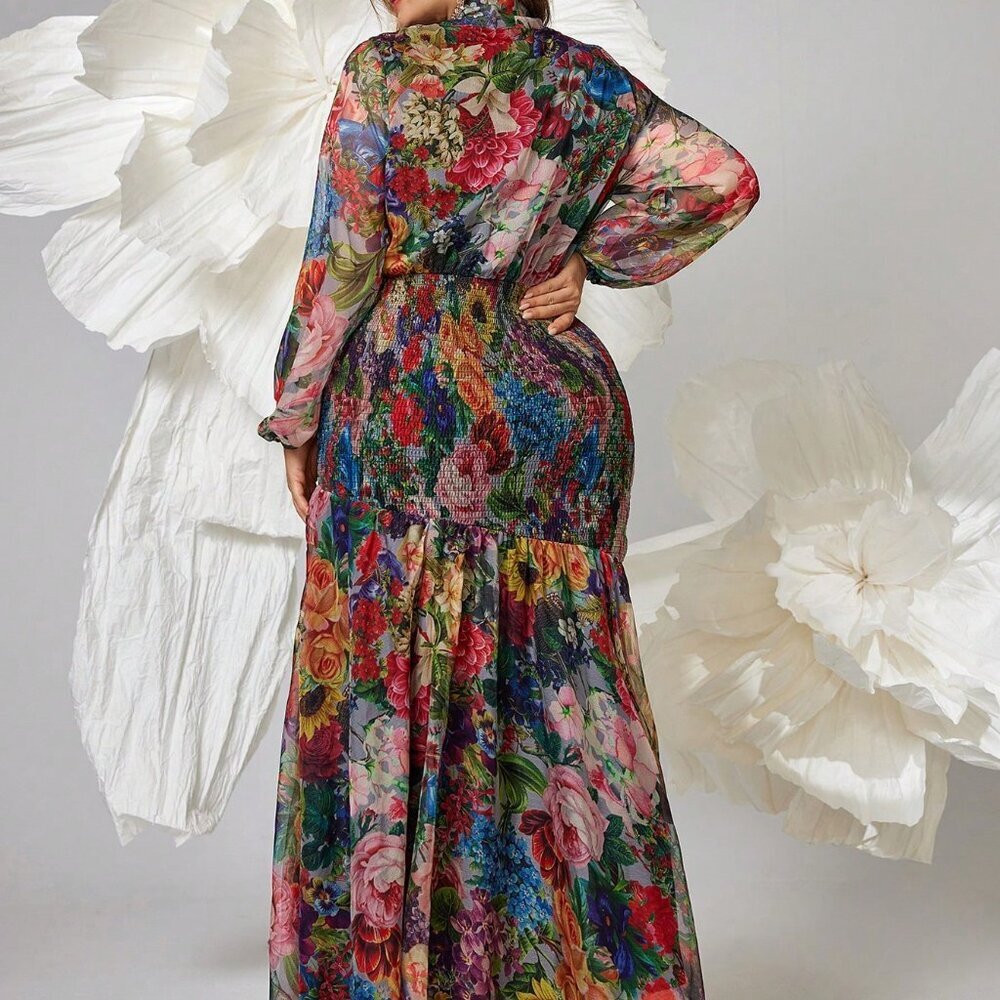 Multicolor Elegant Women's Plus Size Floral V-Neck Lantern Sleeve Maxi Dress - Picture 2 of 6